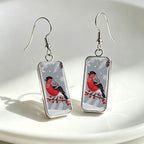 Winter Bullfinch Rectangular Drop Earrings