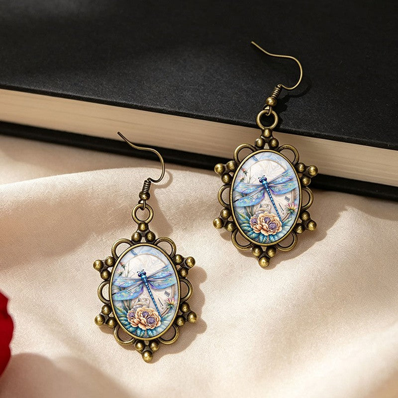 Dragonfly Floral Glass Drop Earrings