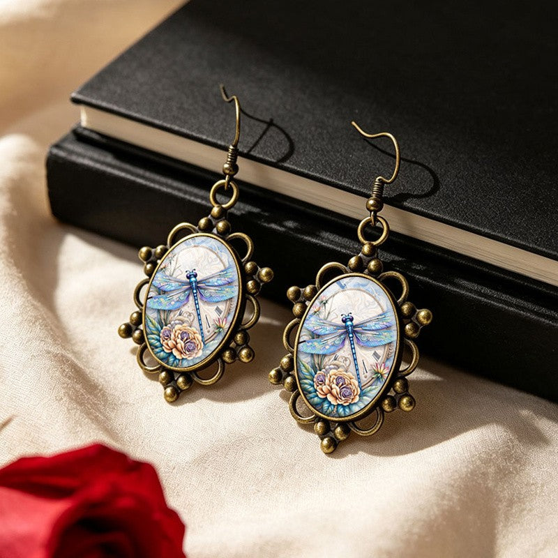 Dragonfly Floral Glass Drop Earrings