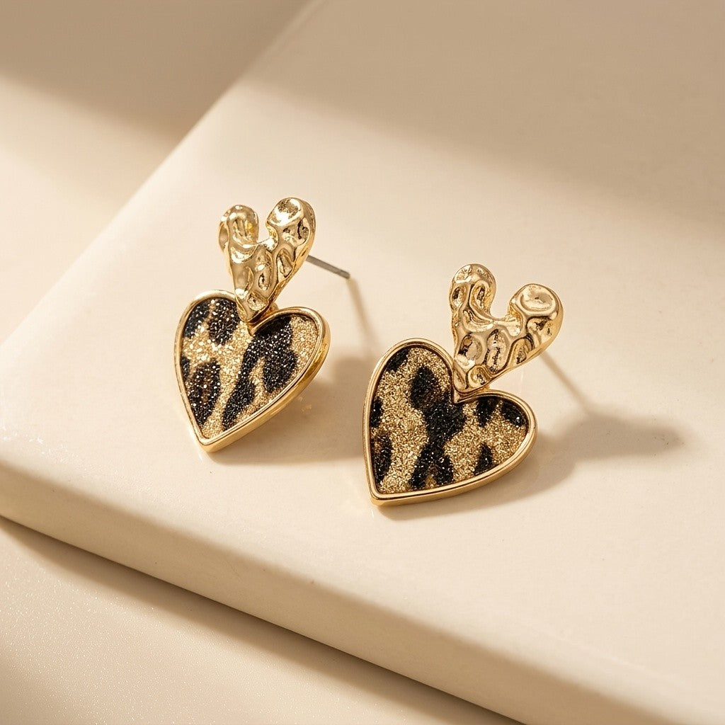 Leopard Print Heart Drop Earrings