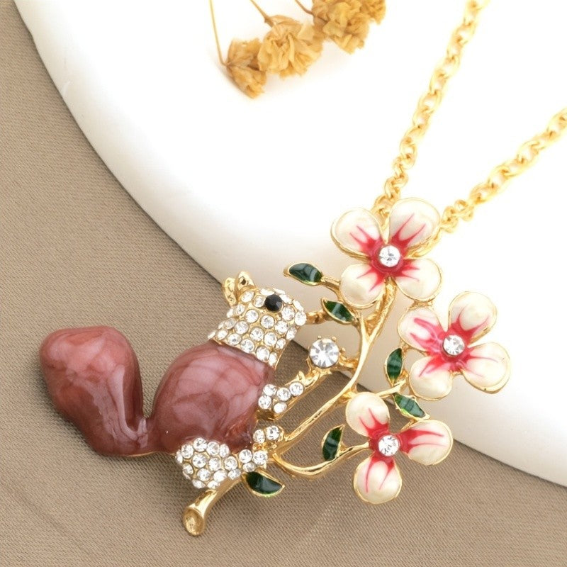 Whimsical Squirrel Floral Necklace