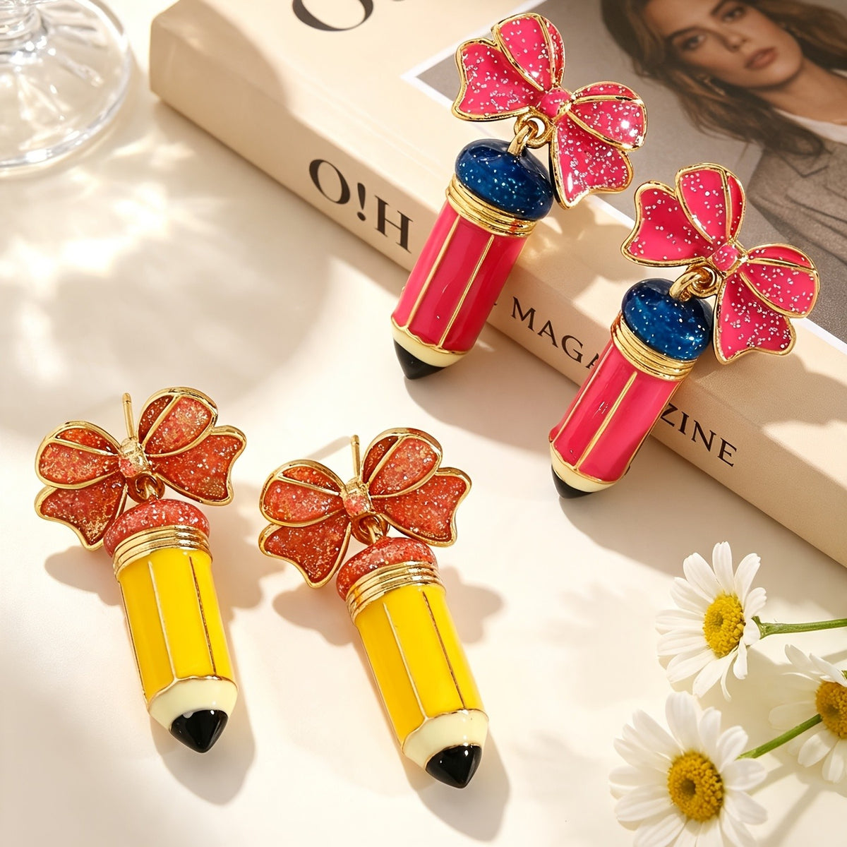 Whimsical Glitter Bow Pencil Drop Earrings