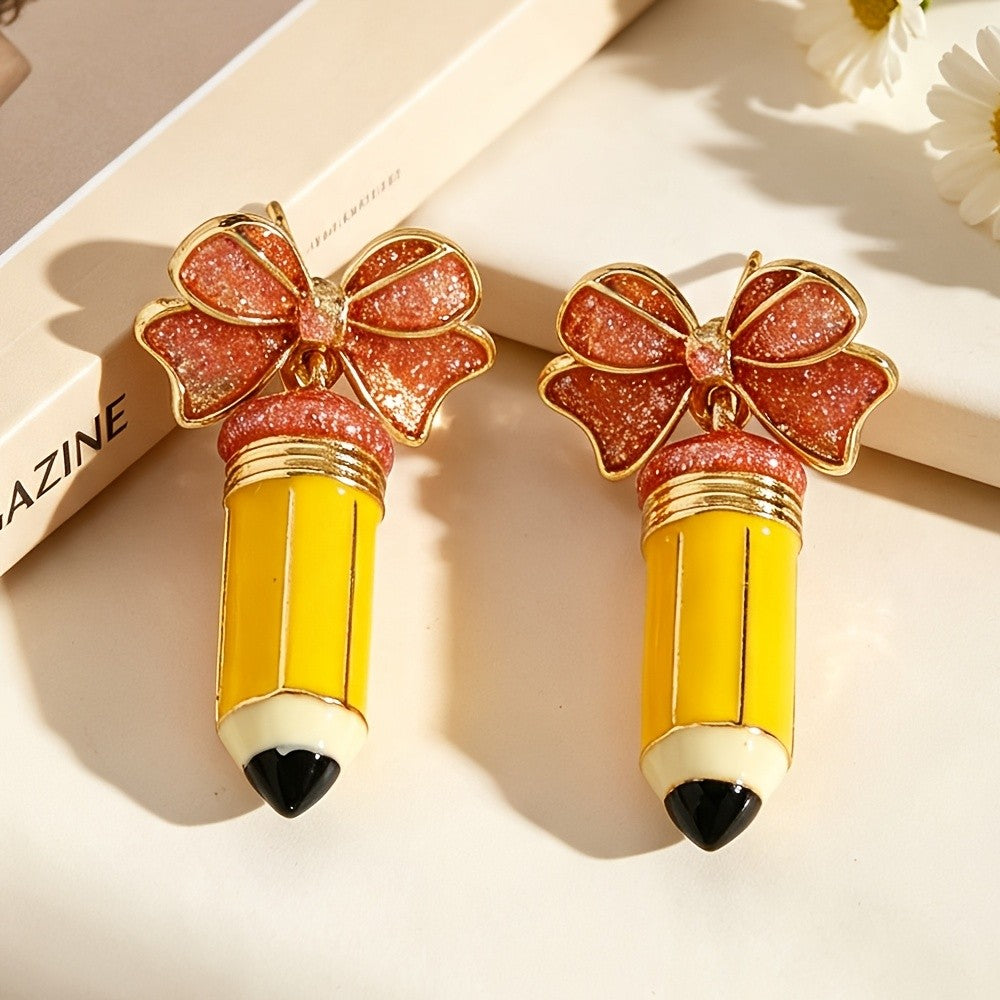 Whimsical Glitter Bow Pencil Drop Earrings