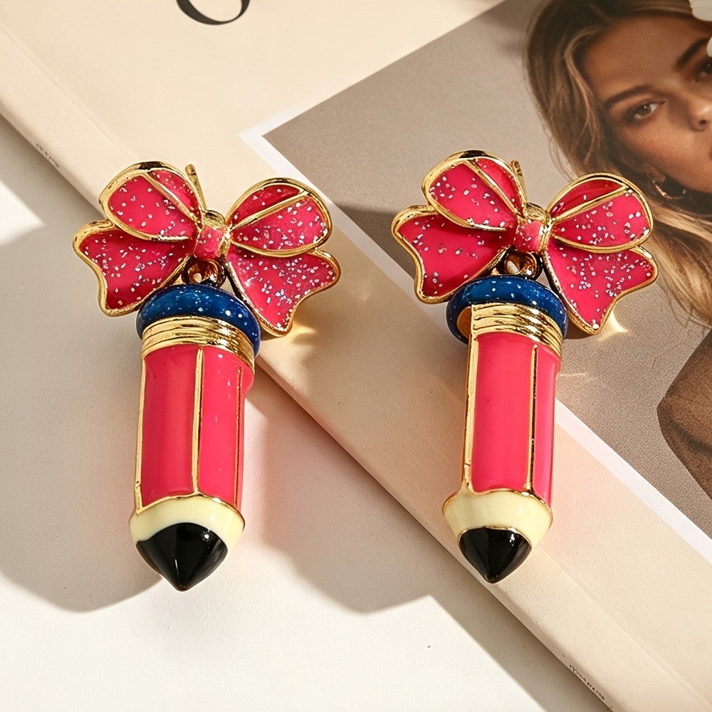 Whimsical Glitter Bow Pencil Drop Earrings