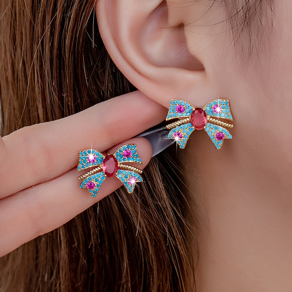 Colorful Gemstone Bow Stud Earrings