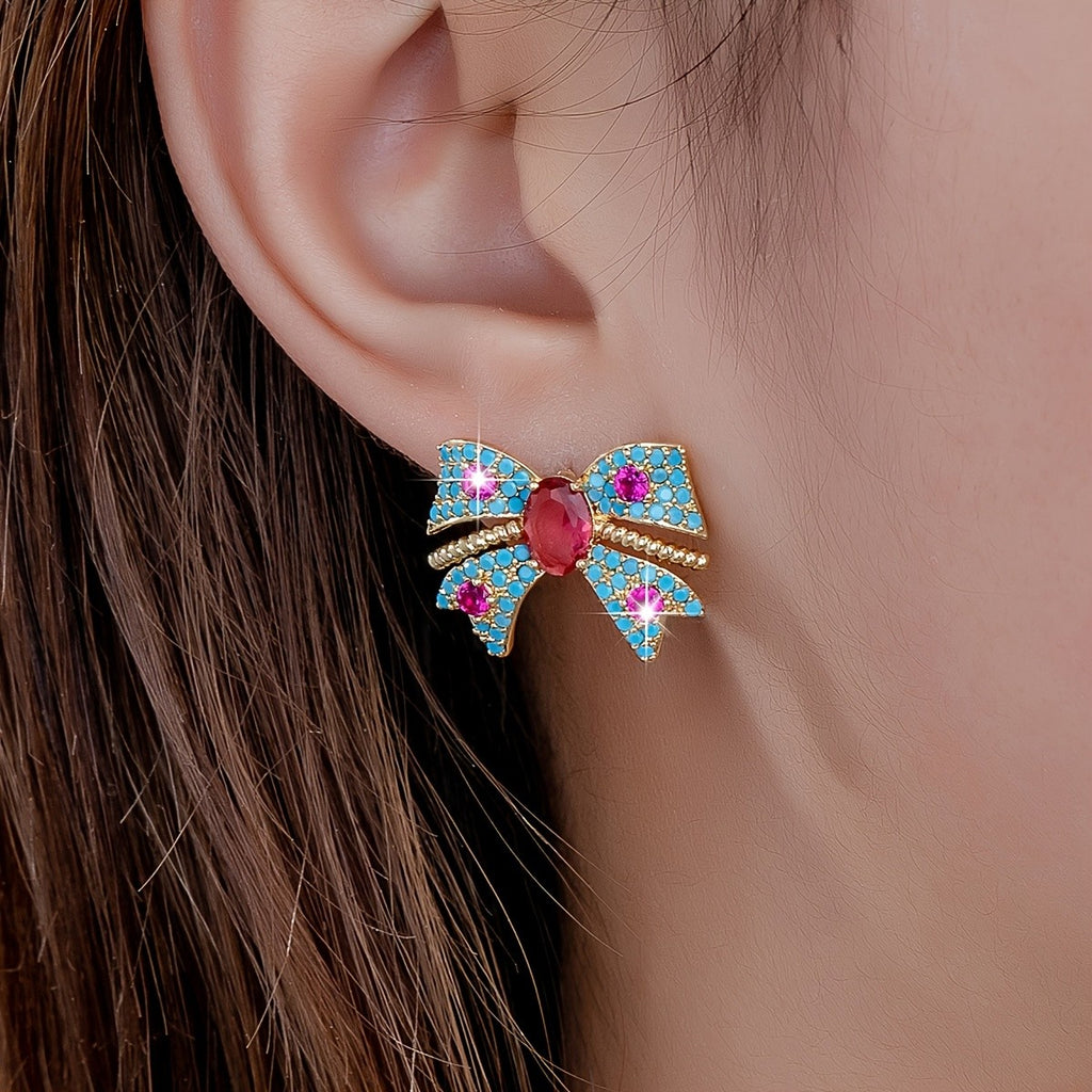Colorful Gemstone Bow Stud Earrings