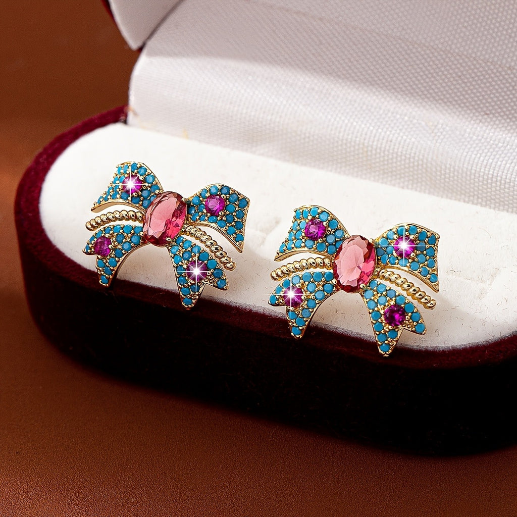 Colorful Gemstone Bow Stud Earrings