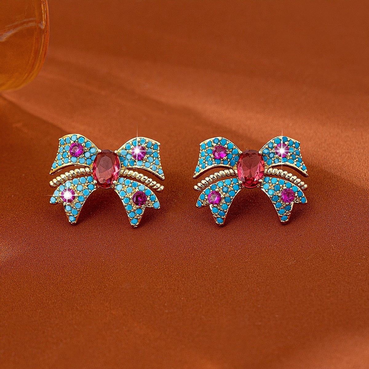 Colorful Gemstone Bow Stud Earrings