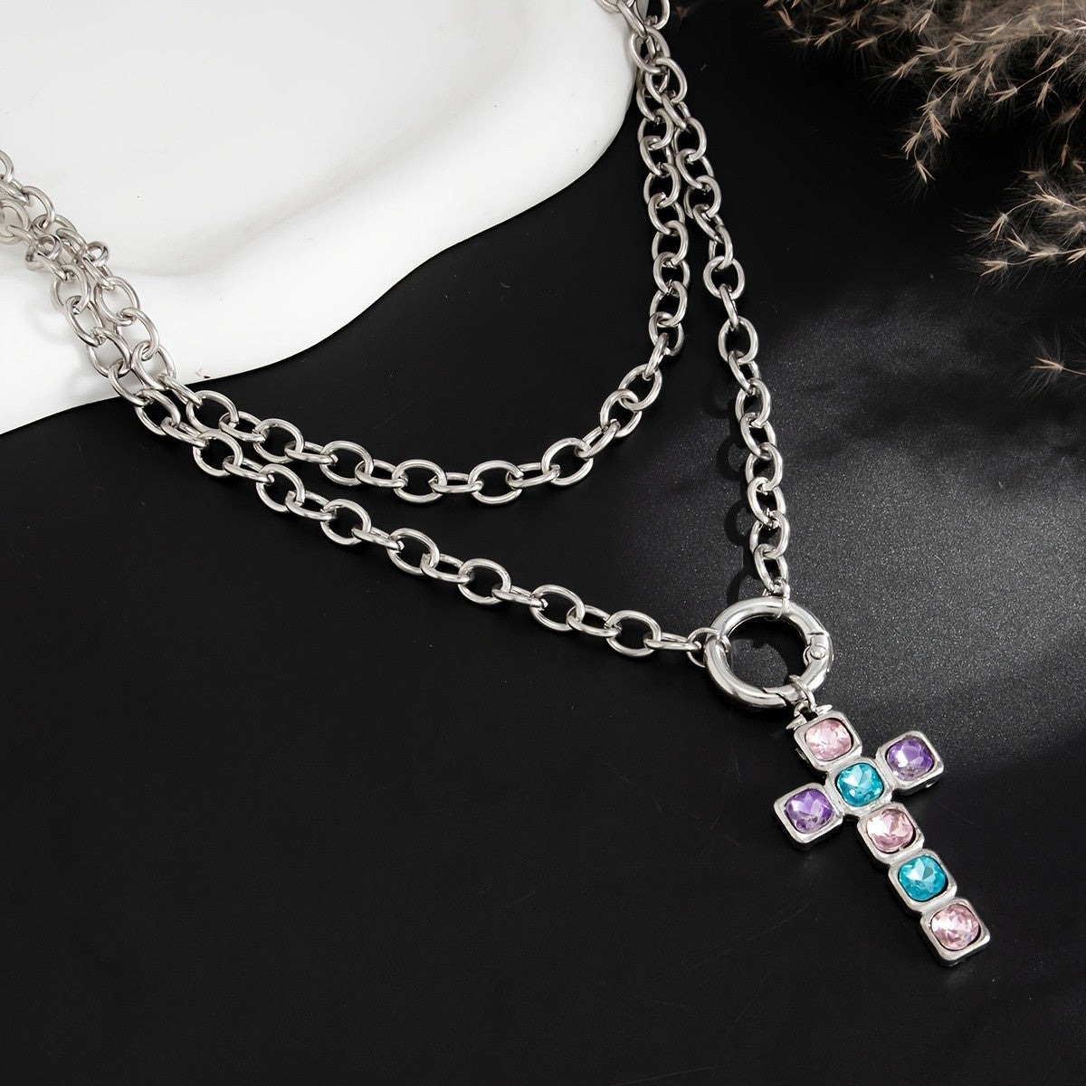 Edgy Double Layer Cross Necklace