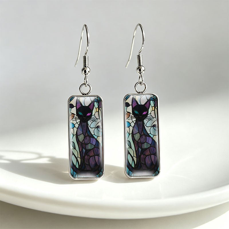 Whimsical Stained Glass Cat Drop Earrings