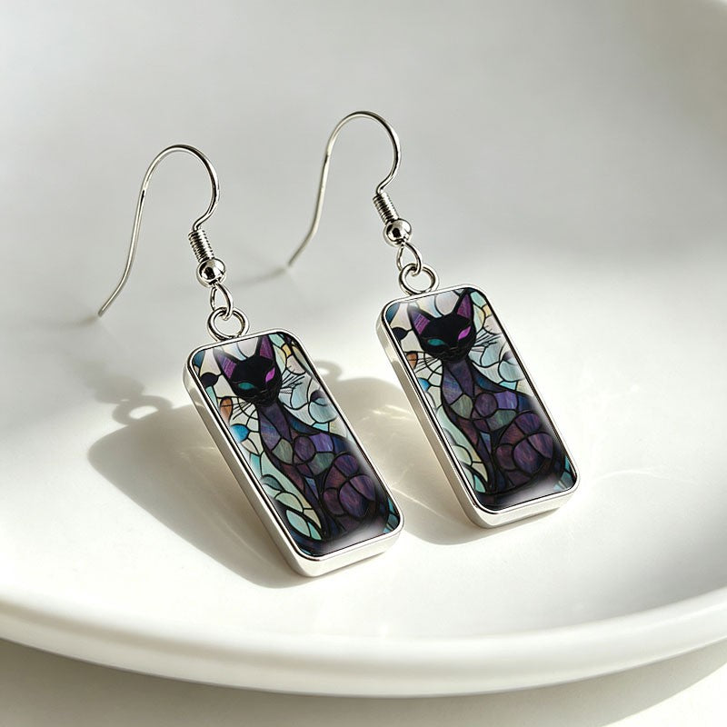 Whimsical Stained Glass Cat Drop Earrings