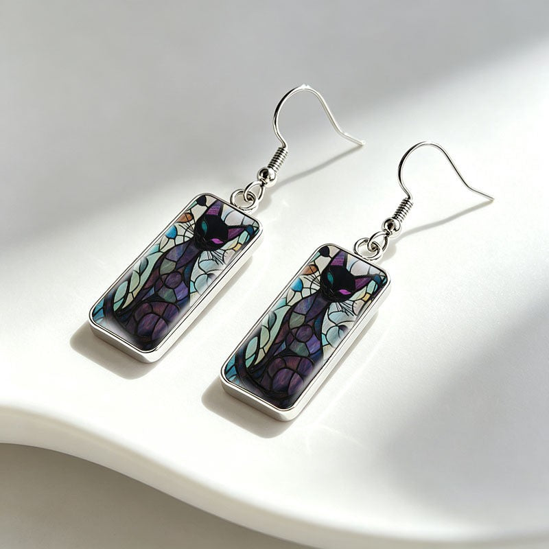 Whimsical Stained Glass Cat Drop Earrings
