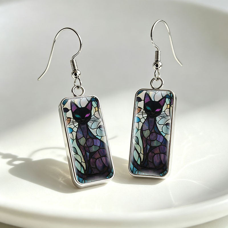 Whimsical Stained Glass Cat Drop Earrings