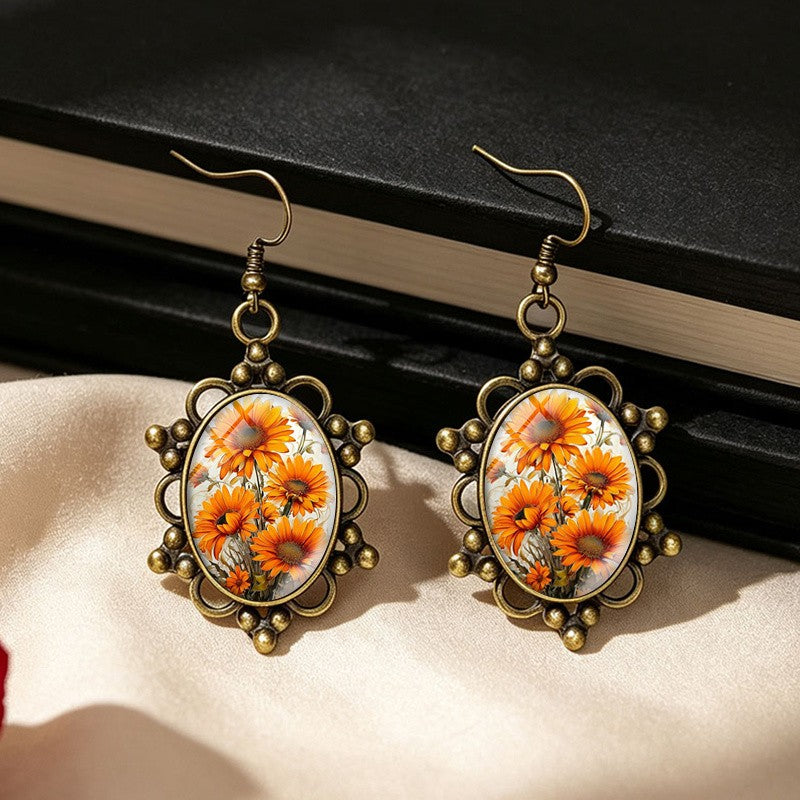Orange Gerbera Floral Drop Earrings