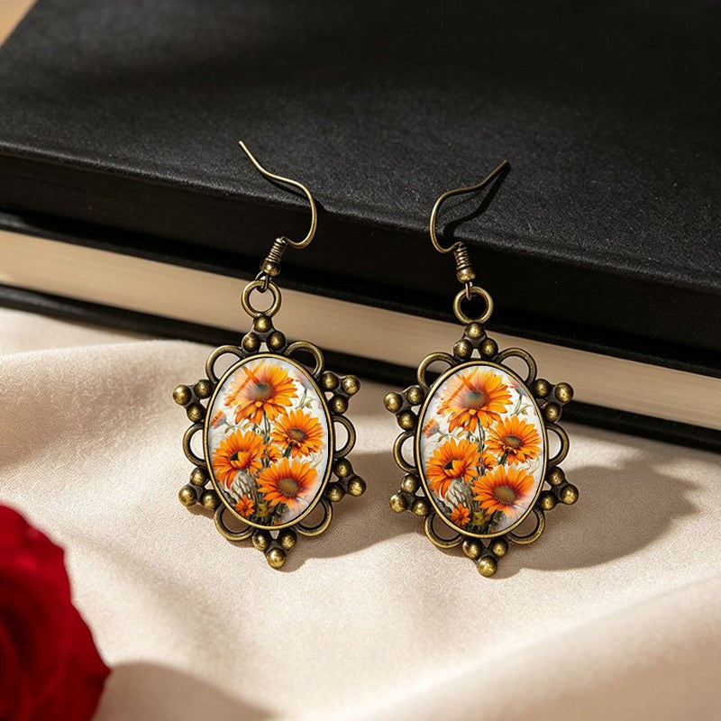 Orange Gerbera Floral Drop Earrings