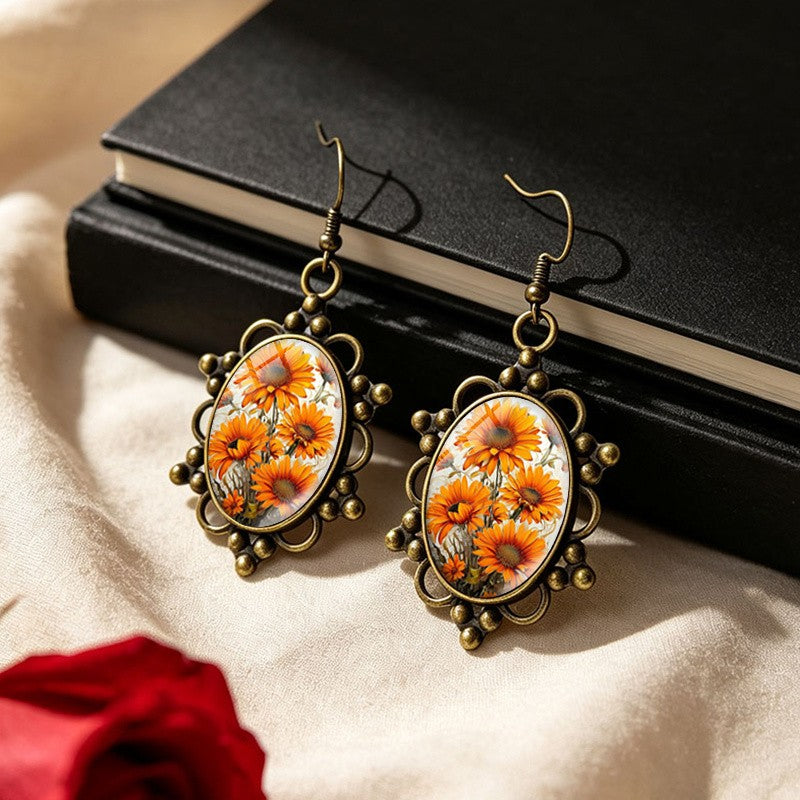 Orange Gerbera Floral Drop Earrings