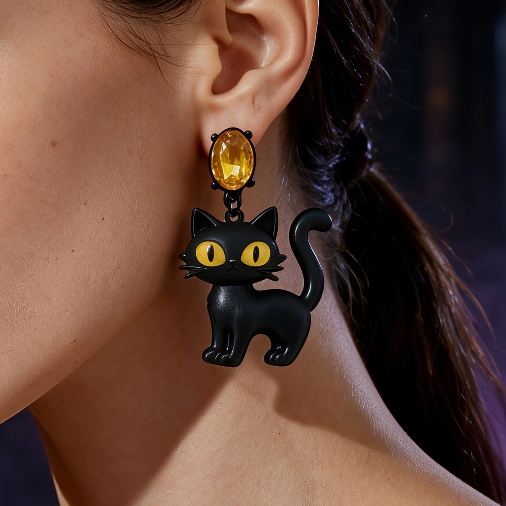 Gothic Black Cat Drop Earrings