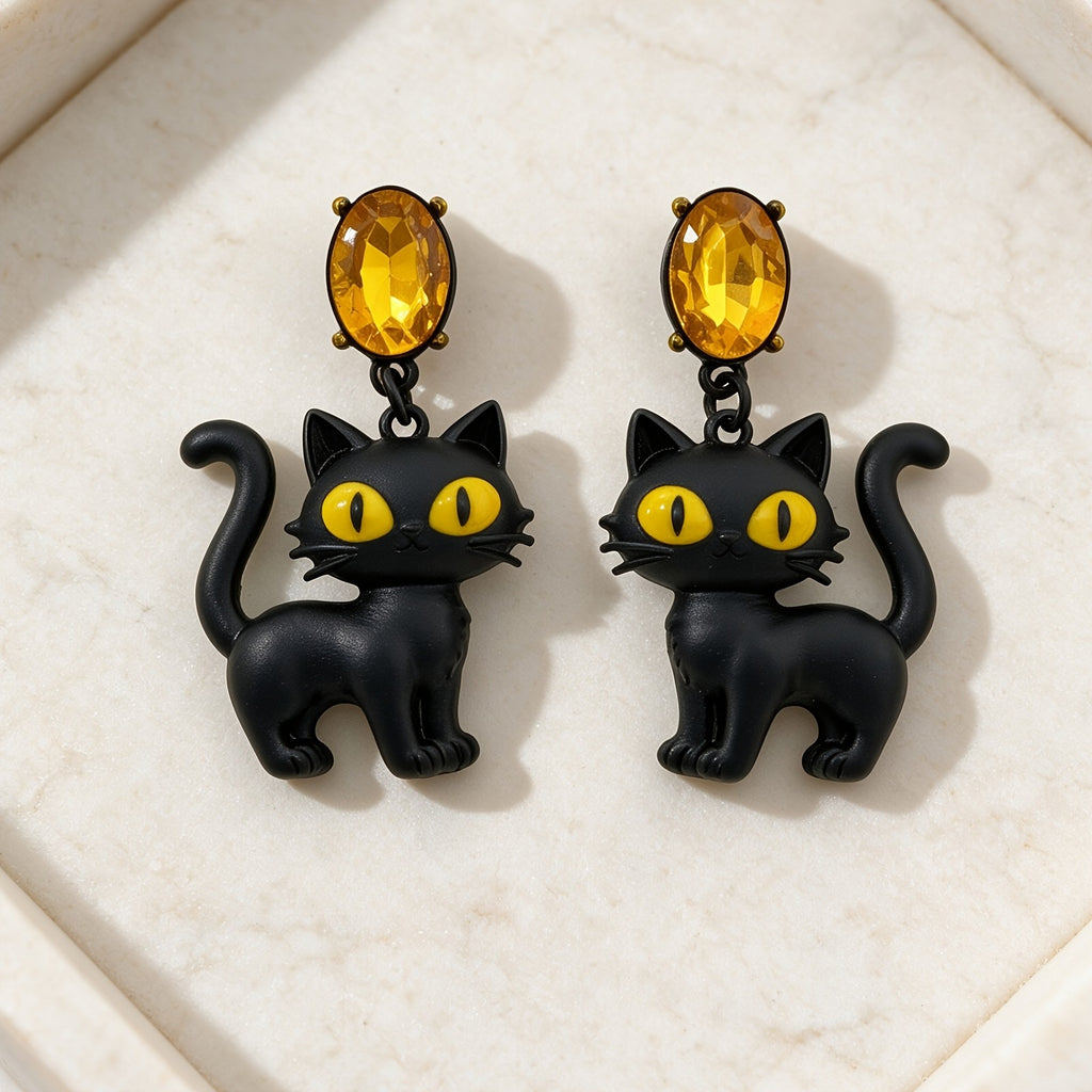 Gothic Black Cat Drop Earrings