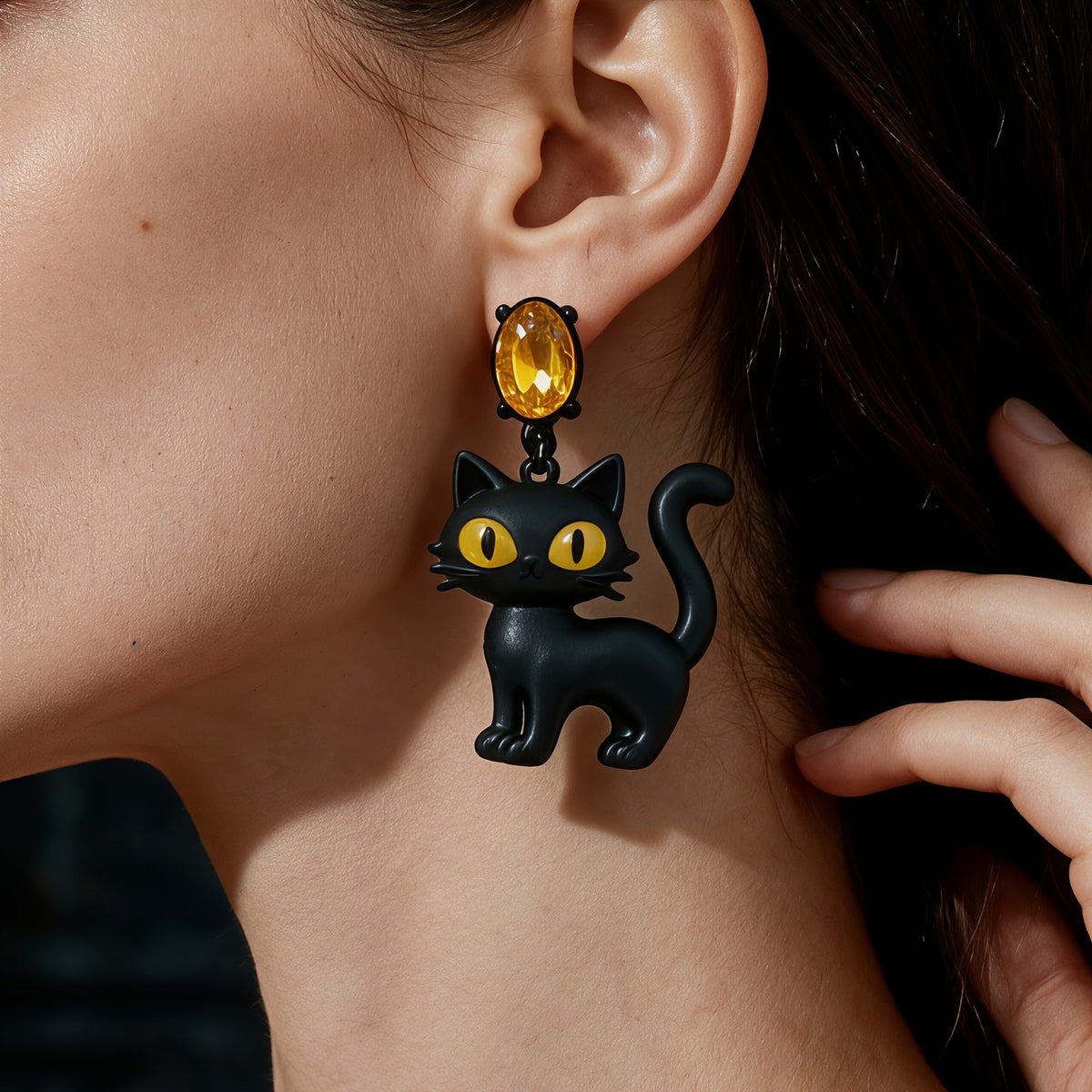 Gothic Black Cat Drop Earrings