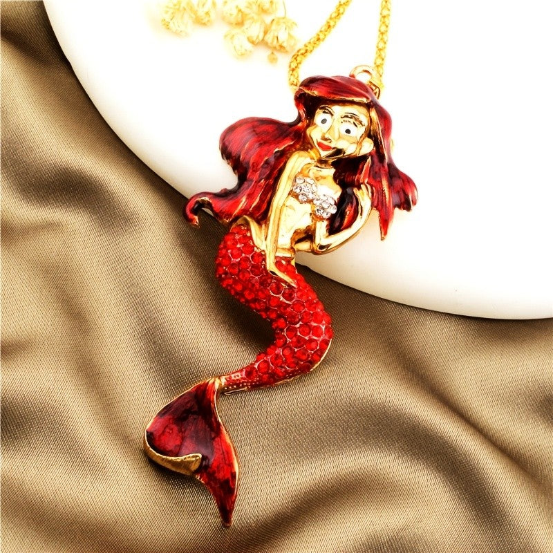Whimsical Red Mermaid Pendant Necklace