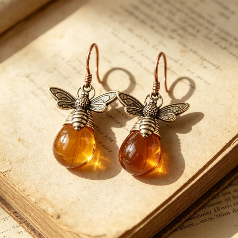 Whimsical Bee Amber Drop Earrings