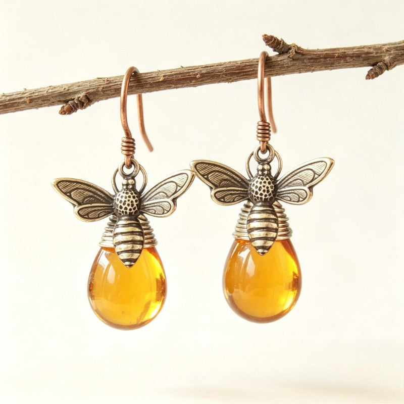 Whimsical Bee Amber Drop Earrings