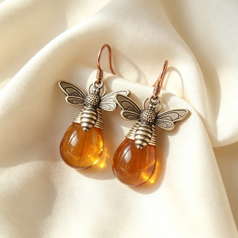 Whimsical Bee Amber Drop Earrings