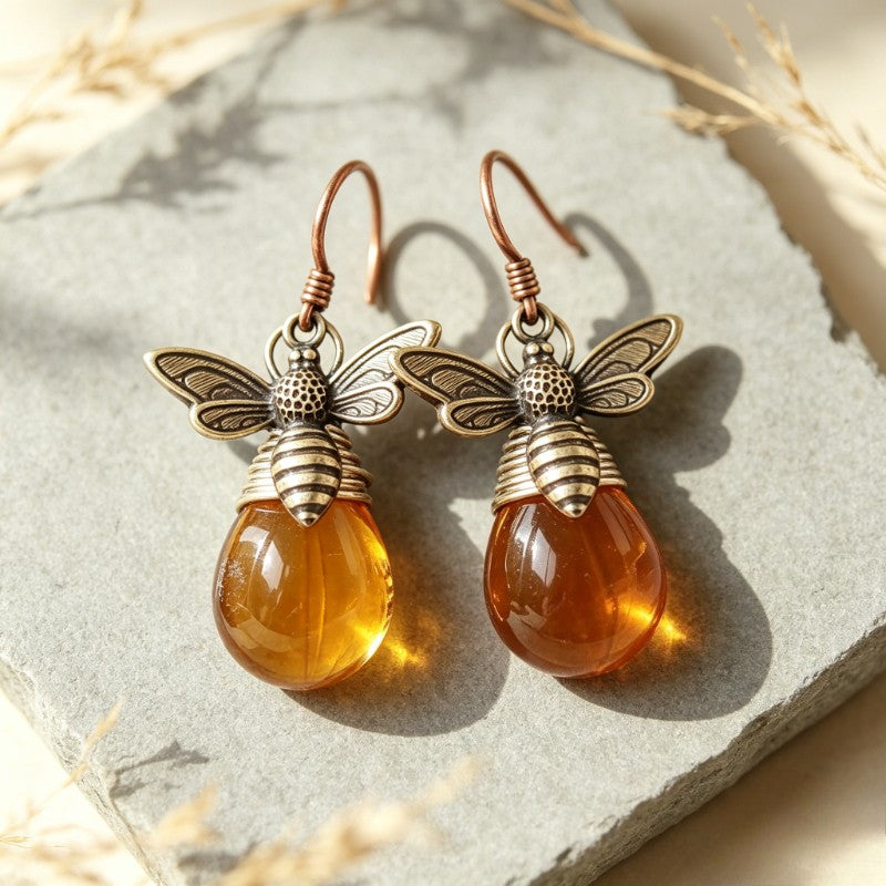 Whimsical Bee Amber Drop Earrings