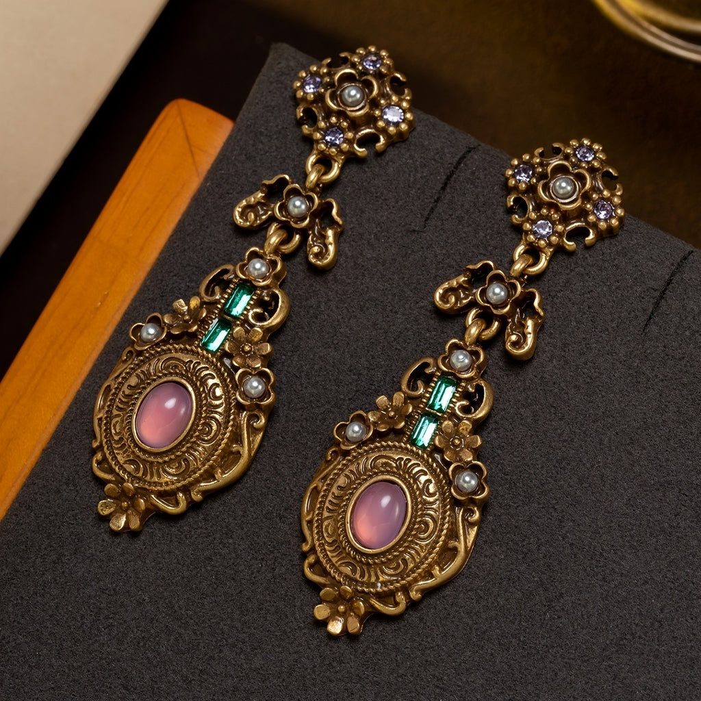 Ornate Floral Gemstone Drop Earrings