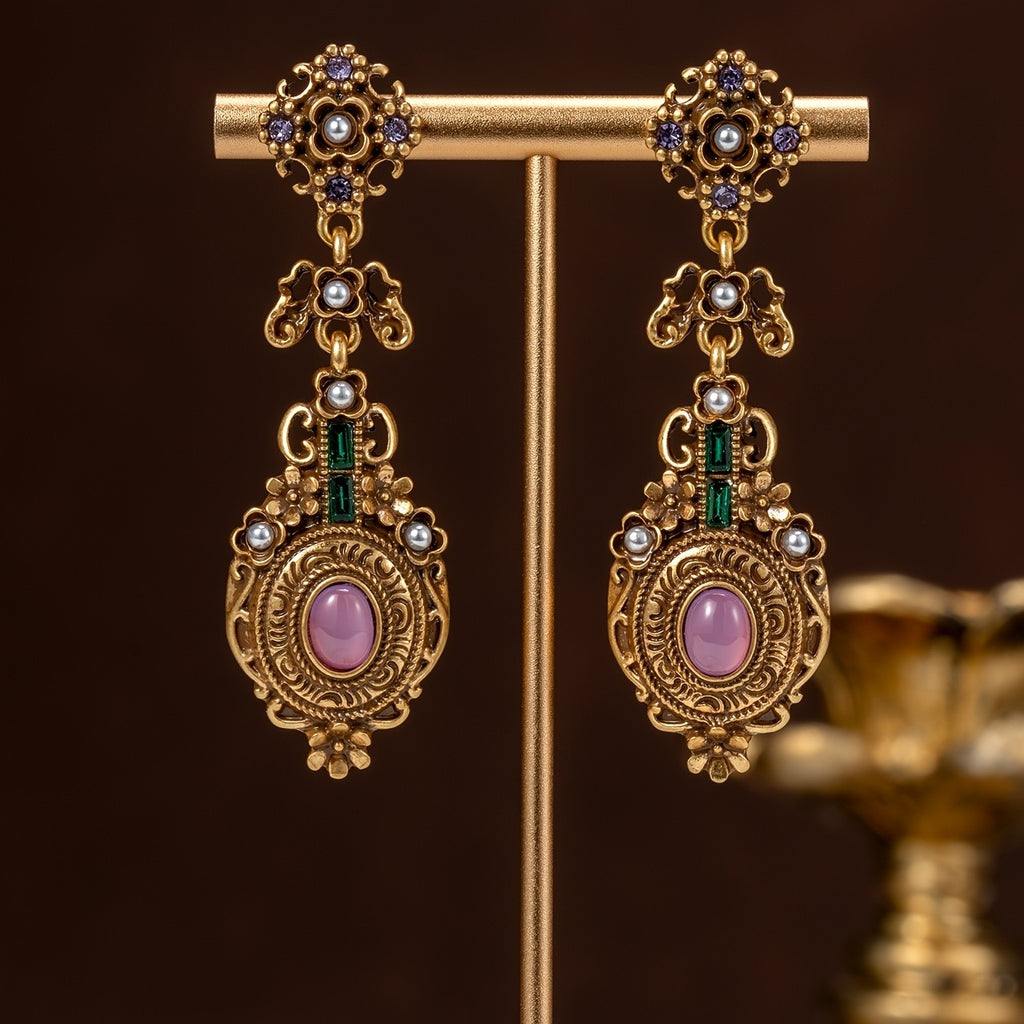 Ornate Floral Gemstone Drop Earrings