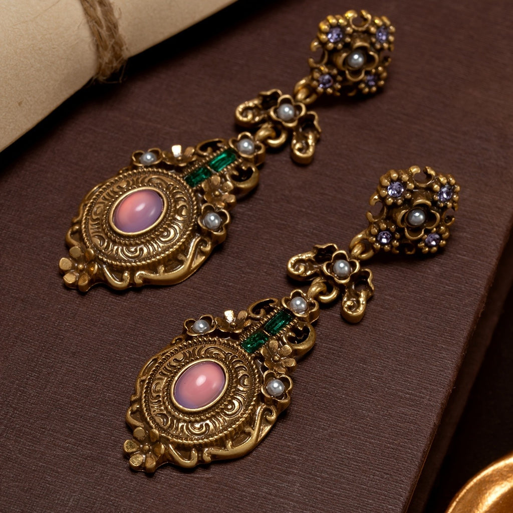 Ornate Floral Gemstone Drop Earrings