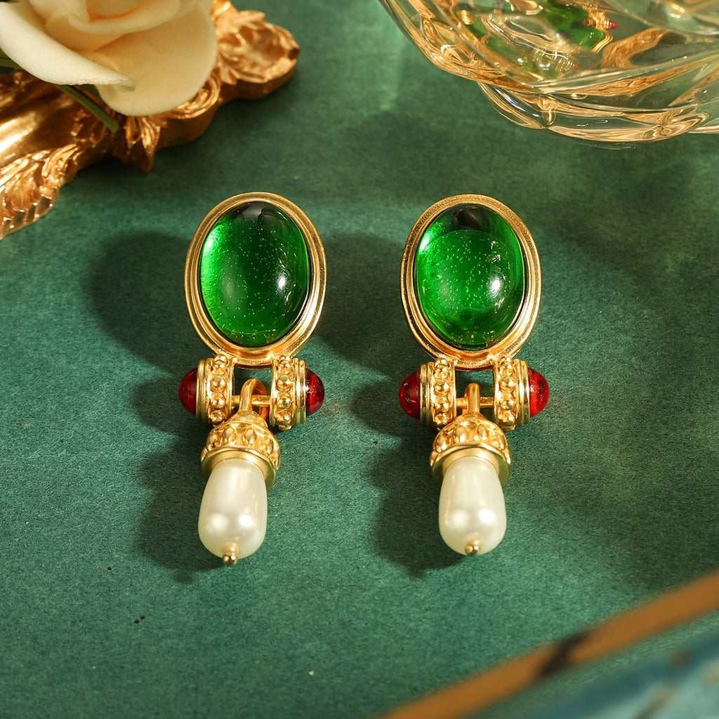 Regal Green Glass Pearl Drop Earrings