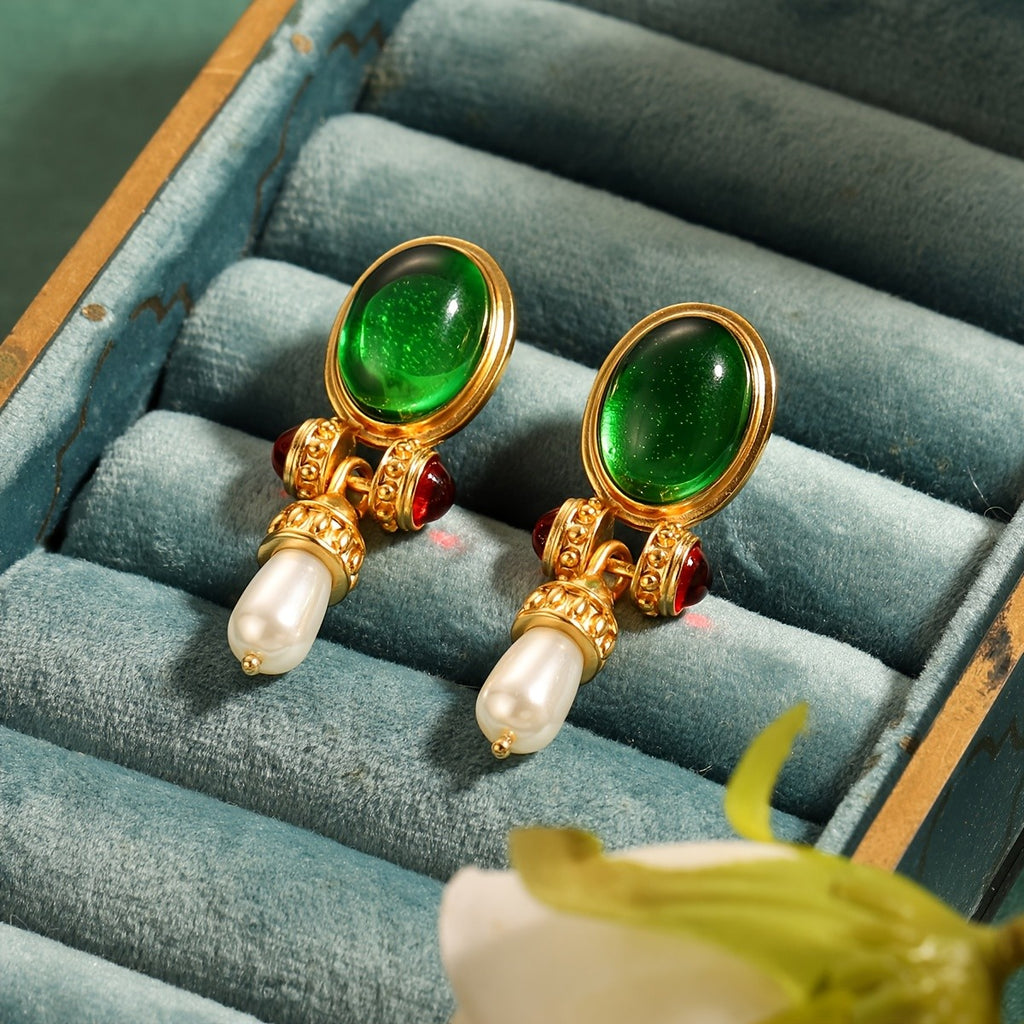 Regal Green Glass Pearl Drop Earrings