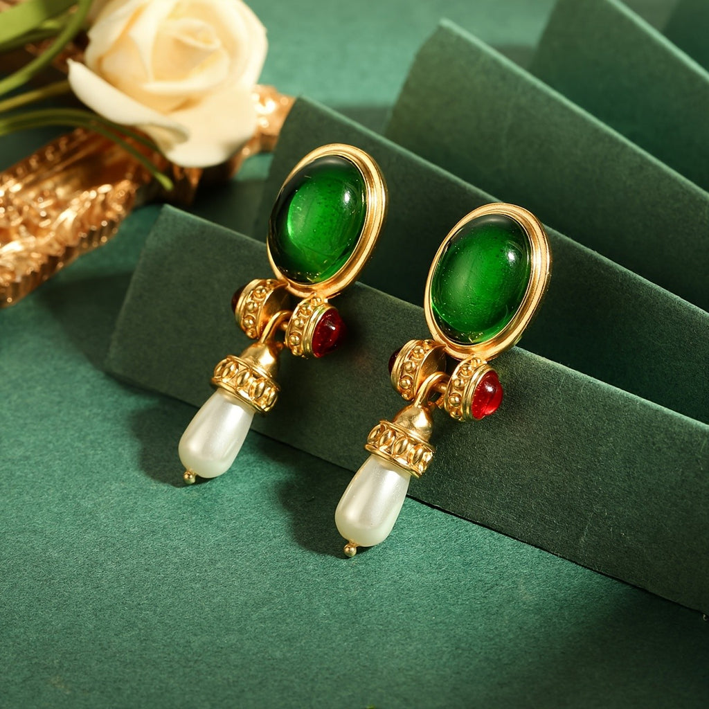 Regal Green Glass Pearl Drop Earrings