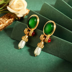 Regal Green Glass Pearl Drop Earrings