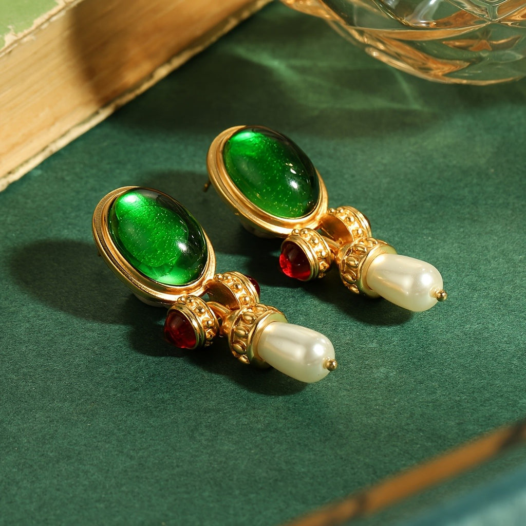 Regal Green Glass Pearl Drop Earrings