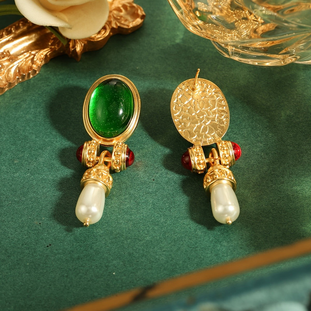Regal Green Glass Pearl Drop Earrings