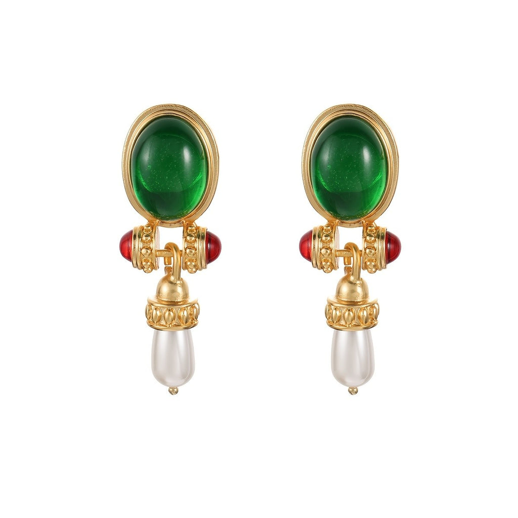 Regal Green Glass Pearl Drop Earrings