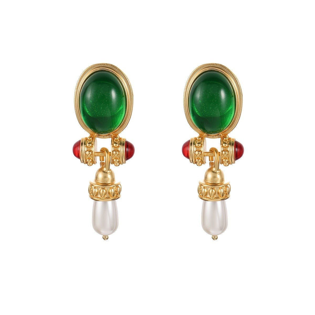 Regal Green Glass Pearl Drop Earrings