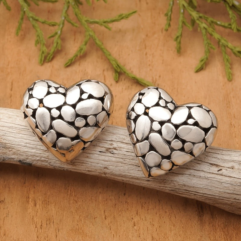 Textured Pebble Heart Stud Earrings