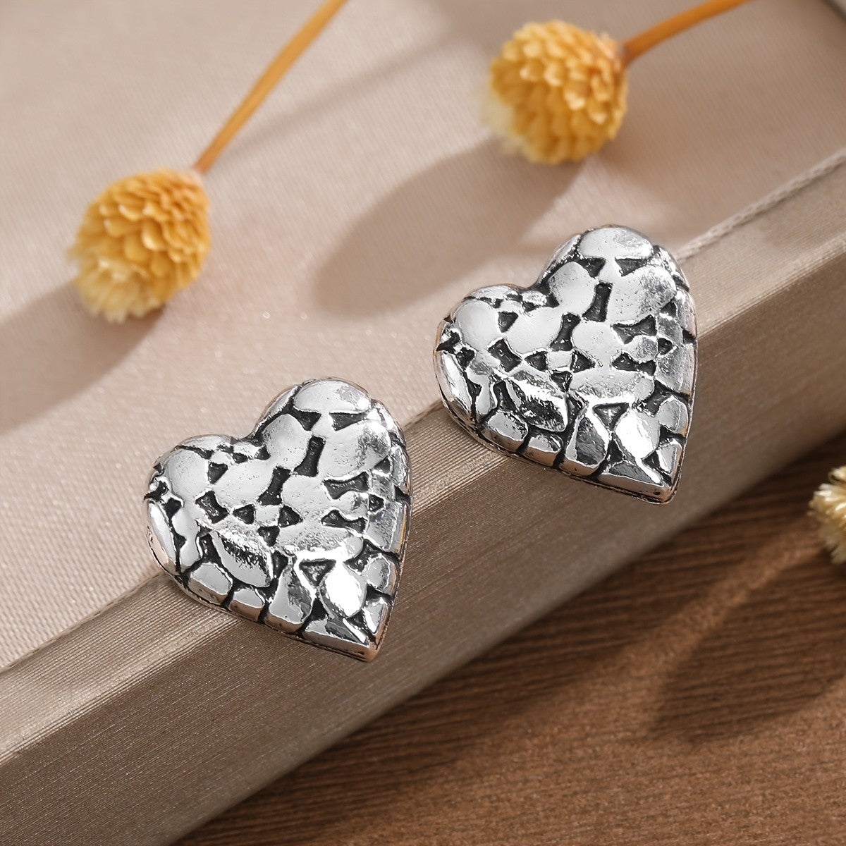 Textured Pebble Heart Stud Earrings