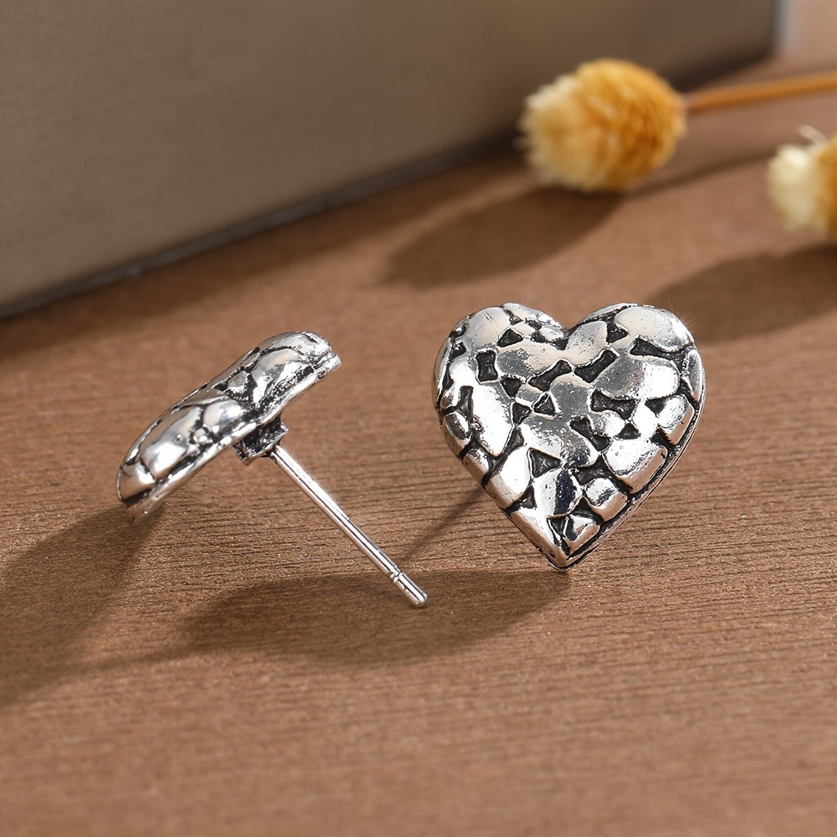Textured Pebble Heart Stud Earrings