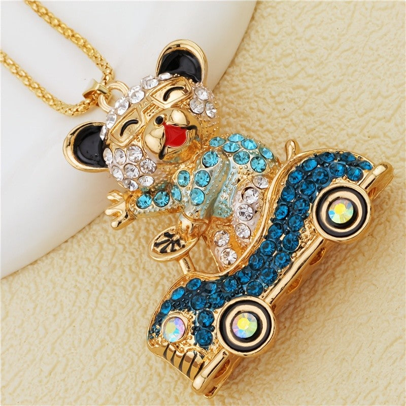 Whimsical Crystal Bear Car Necklace