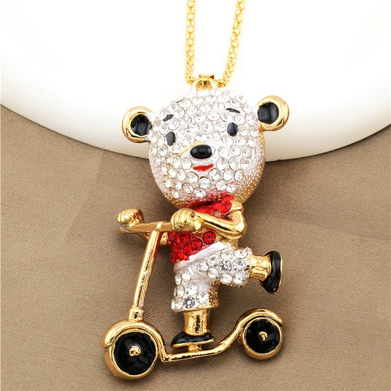 Cute Crystal Bear Scooter Necklace