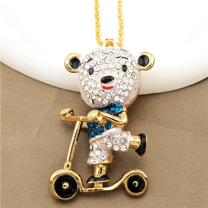 Cute Crystal Bear Scooter Necklace