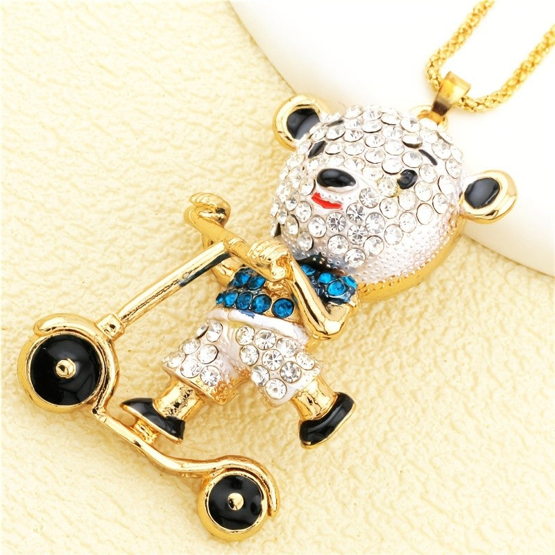 Cute Crystal Bear Scooter Necklace