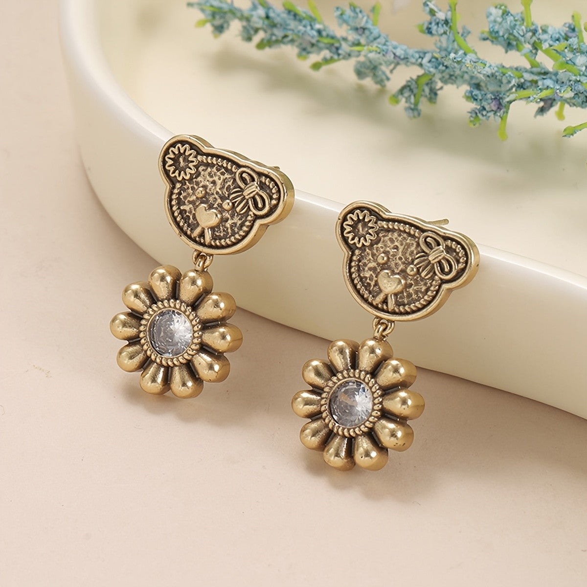 Whimsical Bear Sunflower Drop Earrings