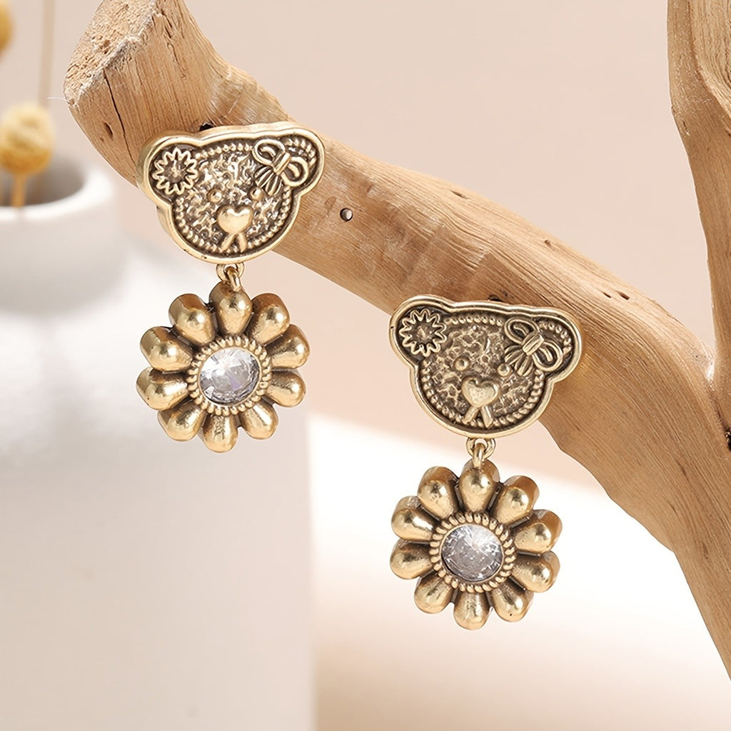 Whimsical Bear Sunflower Drop Earrings