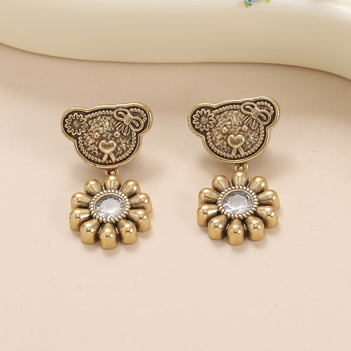 Whimsical Bear Sunflower Drop Earrings