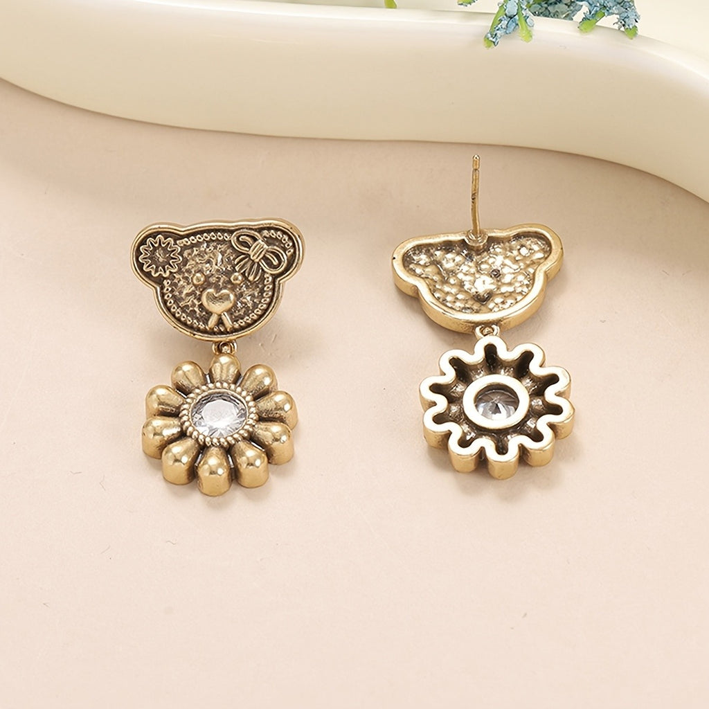 Whimsical Bear Sunflower Drop Earrings